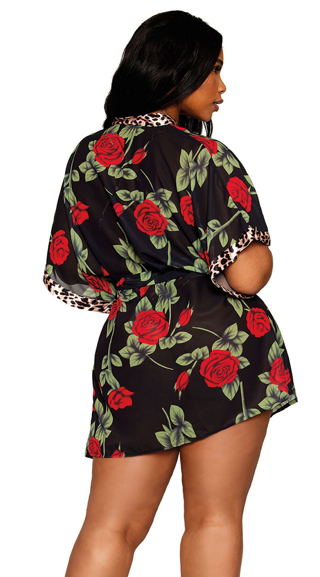 Plus Size Wild Garden Teddy and Robe Set, Plus Size Rose and Leopard