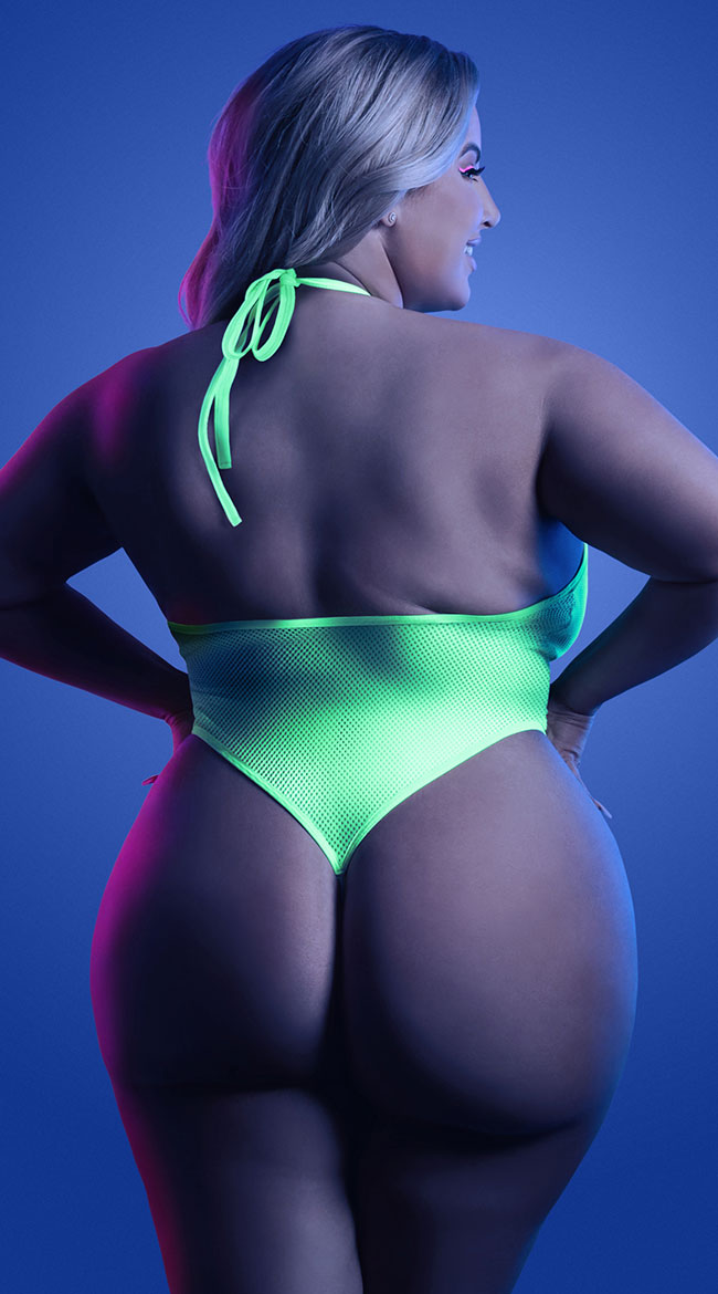 Plus Size Black Light Neon Fishnet Teddy - as shown