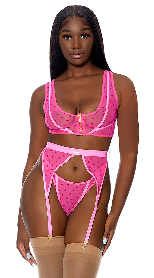 Heart To Catch Lingerie Set Vinyl and Mesh Garter Set Yandy