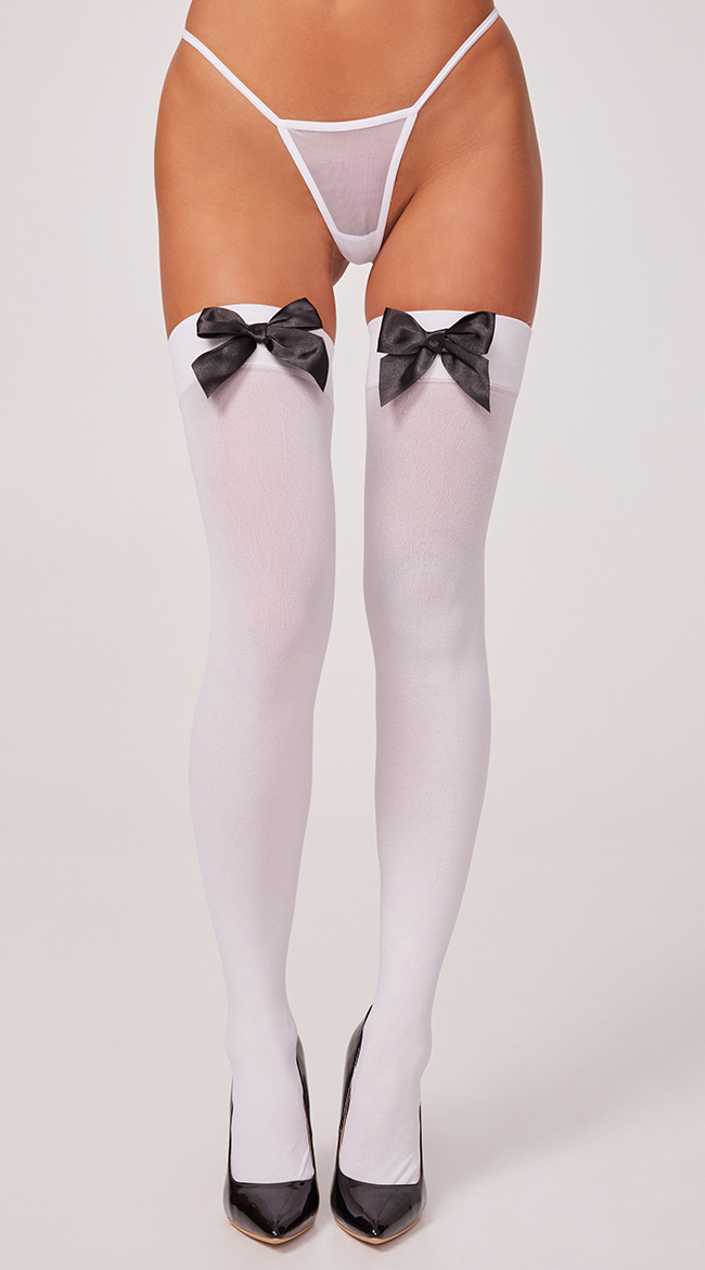 Opaque Thigh Highs with Satin Bow Thigh High Stockings Thigh