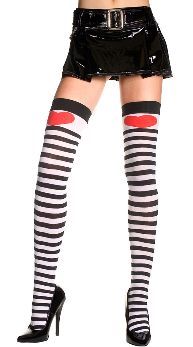 Striped Thigh High with Large Heart, Opaque Striped Thigh High with ...