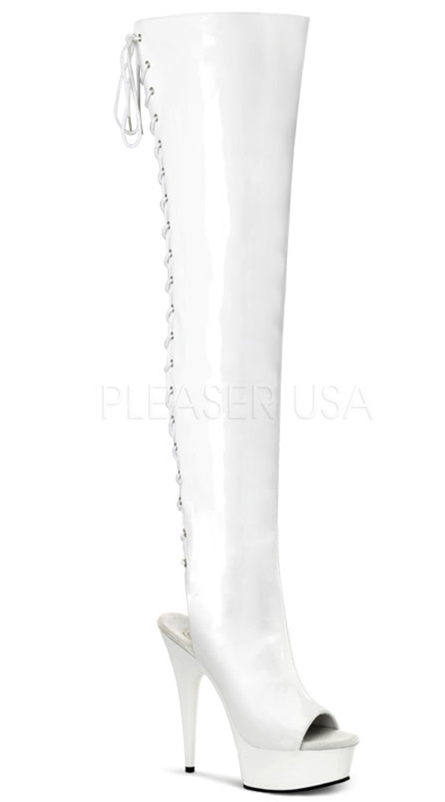 Thigh High Lace Up Peep Toe Boots - Stretch White Patent