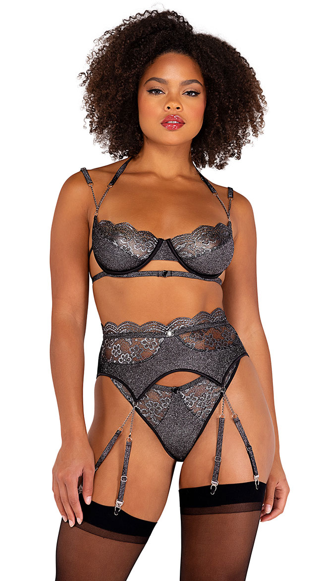 Chain Of Mind Bra Set, Sexy Metallic Garter Chain Lingerie-Yandy.com