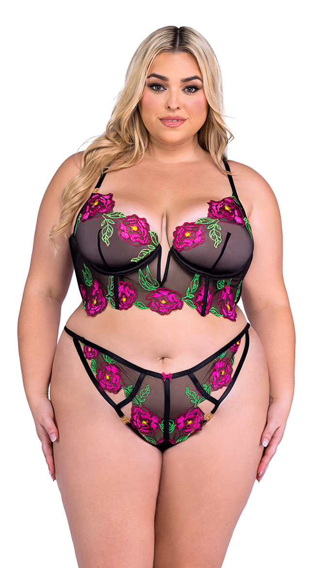 Plus Size Peony Paradise Meadow Bra Set Plus Size Floral Longline Bra Set 