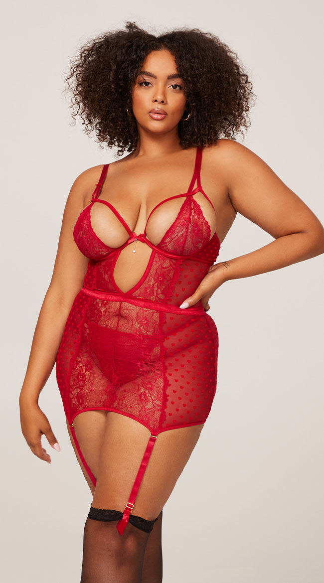 Plus Size Sensual Tease Chemise Set Plus Size Red Lace Chemise