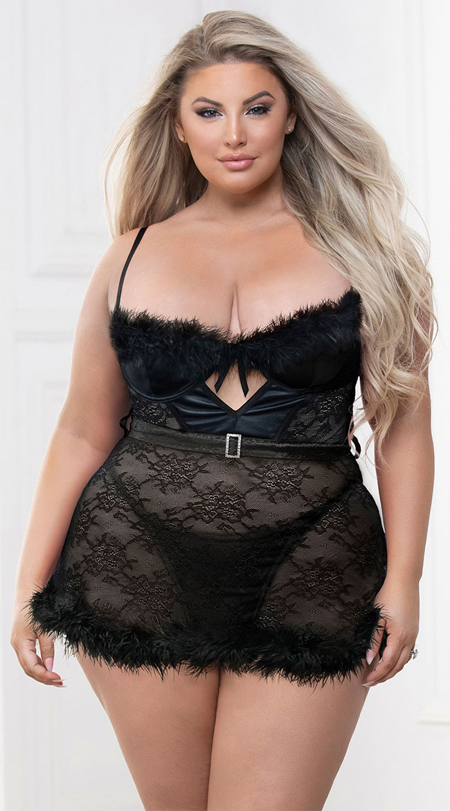 Plus Size Not Fur Me Chemise Set, Sexy Lace And Fur Lingerie-Yandy.com Plus Size Not Fur Me Chemise Set, Sexy Lace And Fur Lingerie-Yandy.com