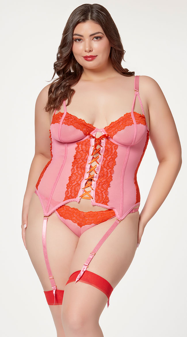 Plus Size Two Tone Elegance Bustier Set - Pink/Red