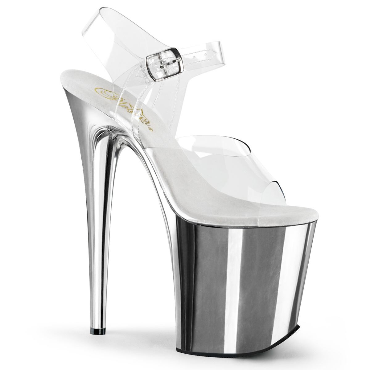 8 Inch Heel Ankle Strap Platform Sandal - Clear/Silver Chrome