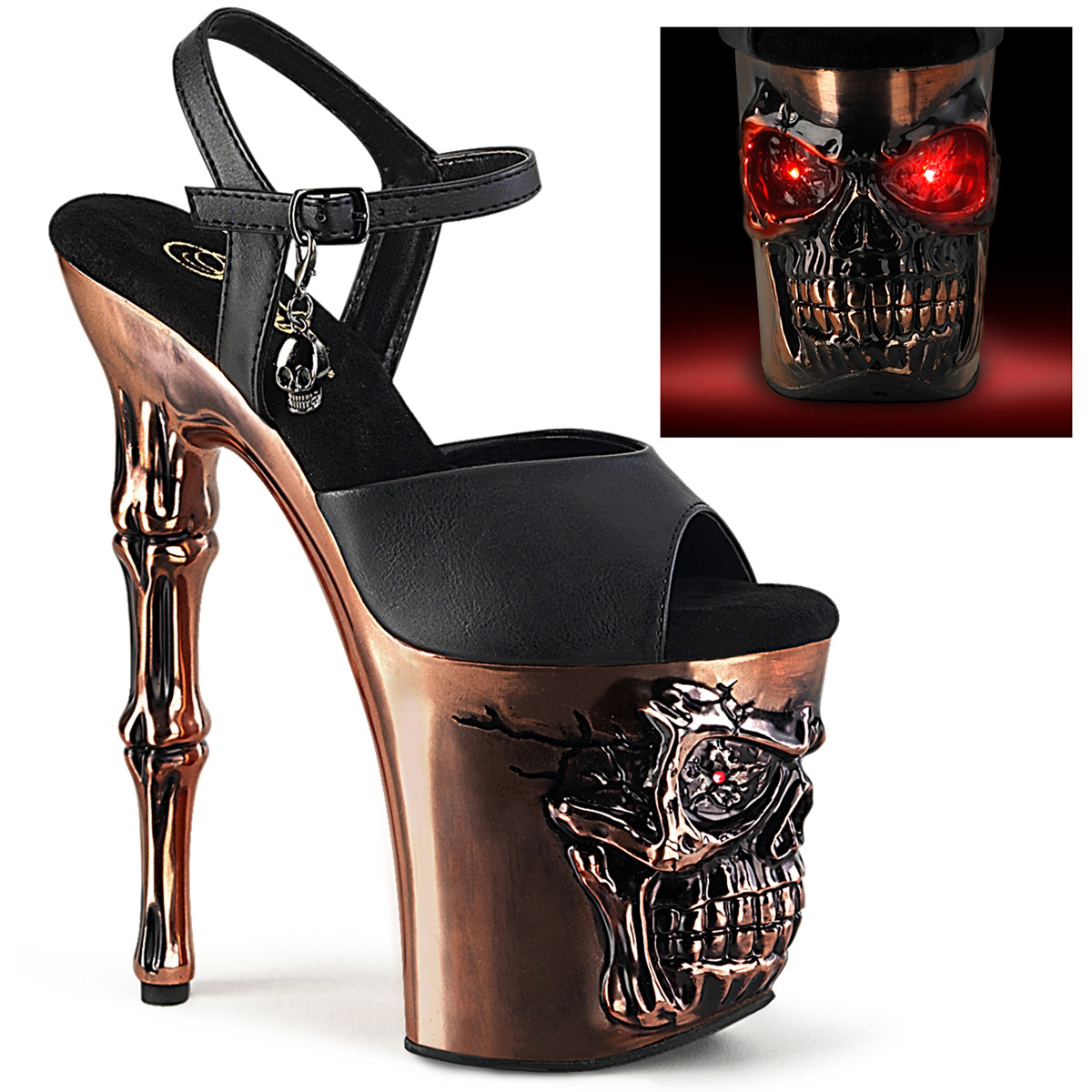 *8" Finger Bone Heel, 4" Skull PF LED Ankle Strap Sandal