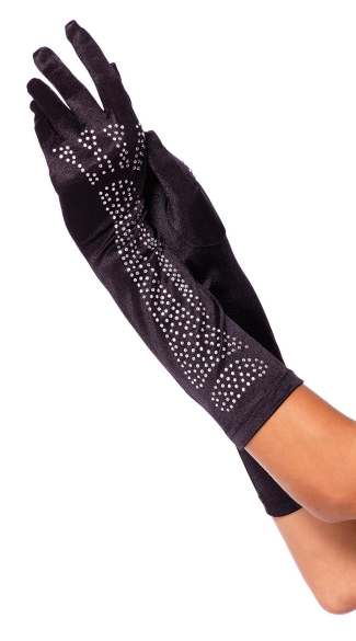 Rhinestone Bone Opera Gloves - Black/Silver