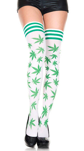 Never Leaf Me Thigh High Stockings - White/Green
