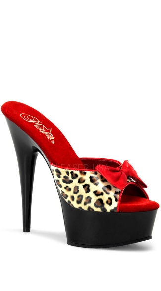 6 Inch Heel, 1 3/4 Inch Pf Two Tone Slide W/ Bow - Tan Leopard Print Pu/Black