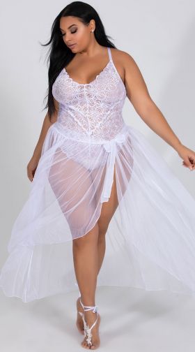 Plus Size Mosaic Lace Teddy And Mesh Skirt