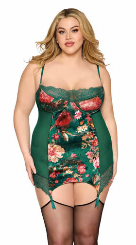 Queen Floral Velvet Garter Chemise