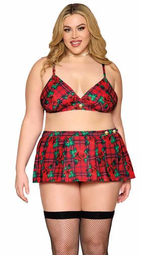 Queen Rose & Plaid Poplin Bralette Skirt Set