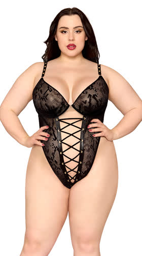 Plus Size Snakeskin Lace-Up Teddy