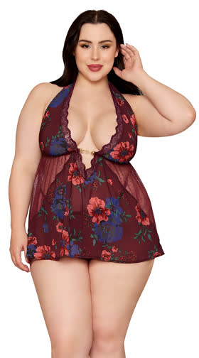 Queen Floral Chiffon Mesh Babydoll