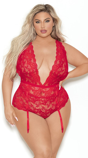 Plus Size Plunging Red Lace Teddy