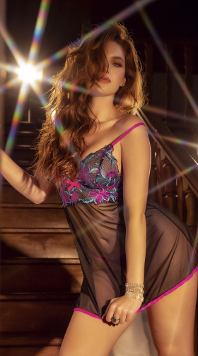 Embroidered Mesh Babydoll Set