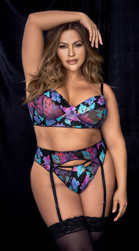 Plus Size Enchanted Garden Bra and Garter Set