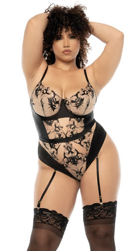 Plus Size Embroidered Nude Garter Teddy