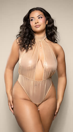 Queen Gold Foiled Mesh Pearl Halter Teddy