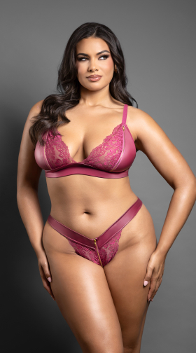 Plus Size Leatherette & Lace Bralette and Panty Set