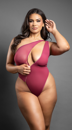Plus Size Berry Asymmetrical One Shoulder Mesh Teddy