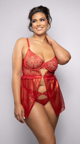 Plus Size Ruby Lace and Mesh Babydoll Set