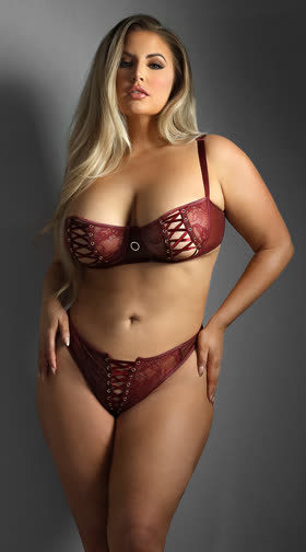 Plus Size Laced-Up Crotchless Bra Set