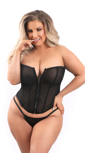 Plus Size Zipped In Fishnet Corset Set