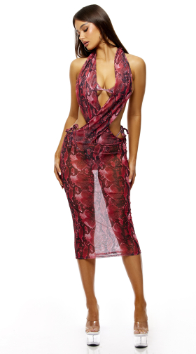 Snake Print Cross Cowl Halter Mesh Midi Dress Cover Up