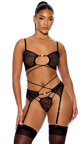 Pull My Strings Mesh Bra and Garter Set