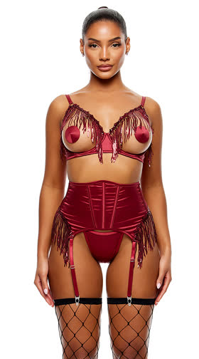 Peep Show Sequin Fringe Bra And Waist Cincher Set