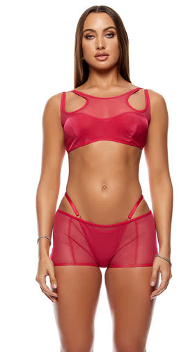 Layers To This Mesh And Knit Bra Top And Shorts Lingerie Set