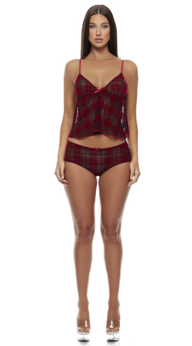 Velvet Lines Plaid Mesh Cami and Boyshorts Lingerie Set