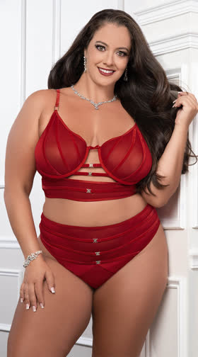 Plus Size Satin Straps Bra And High Waist Panty