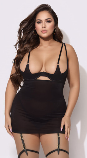 Plus Size Yasmine Shimmer Mesh O Ring Chemise Set