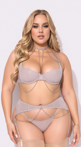 Plus Size Presley Rhinestone & Mesh Demi Bra, Garter & G String Set