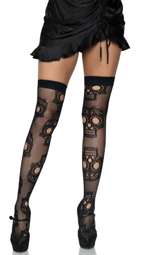 Sugar Skull Fishnet Thigh High Stockings