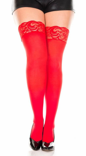 Plus Size Opaque Thigh High Stockings with Lace Top