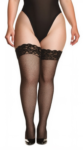 Plus Size Fishnet Thigh High Stockings with Lace Top