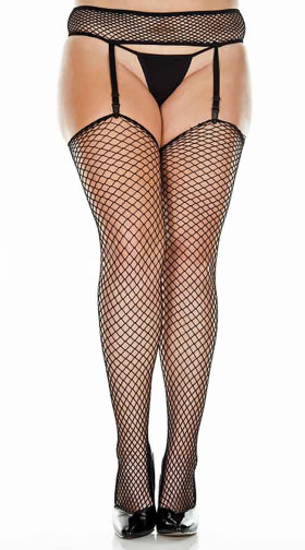 Plus Size Diamond Net Thigh High Stockings With Garter Belt