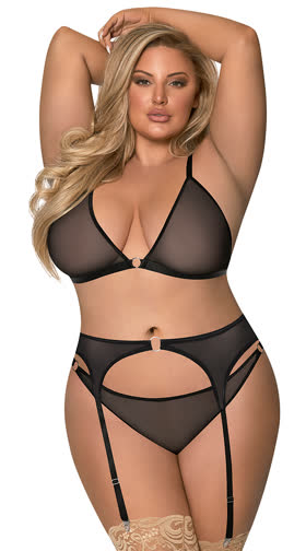 Plus Size Mesh Bra and Garter Set