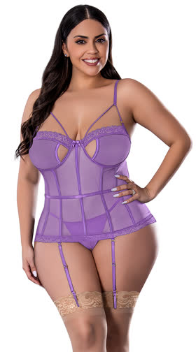 Plus Size Tease Me Crotchless Mesh Bustier Set