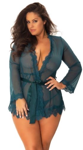 Plus Size Eyelash Lace Robe and G-String