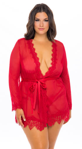 Plus Size Eyelash Lace Robe and G-String
