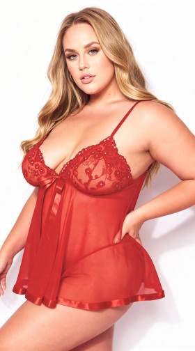 Plus Size Sequin Embroidery Sheer Net Baby Doll