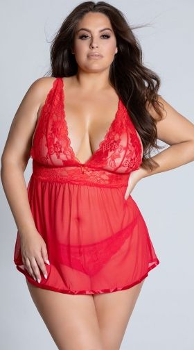 Plus Size Evening Romance Lace and Mesh Babydoll Set