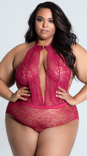 Plus Size I Wonder Wine Lace Teddy